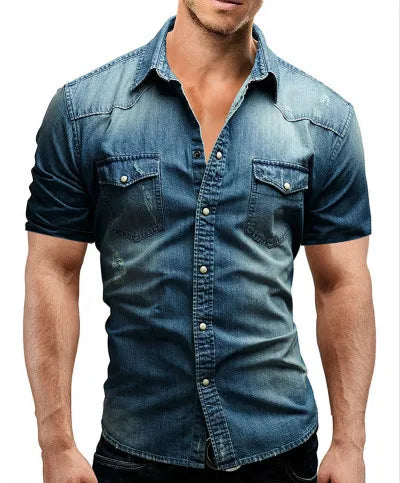 Slim Fit Solid Color Vintage Denim Shirts