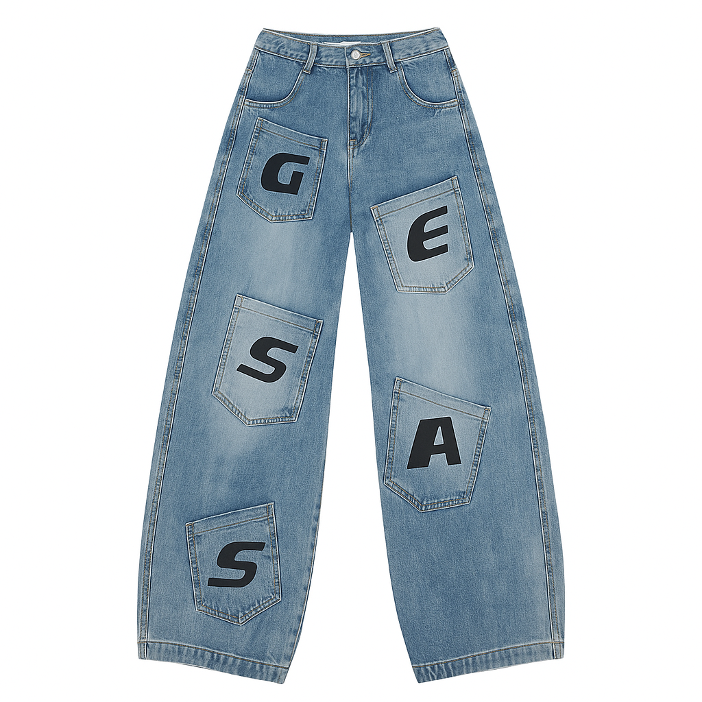 Loose Fit Baggy Jeans-Printed Letters and Multiple Pockets