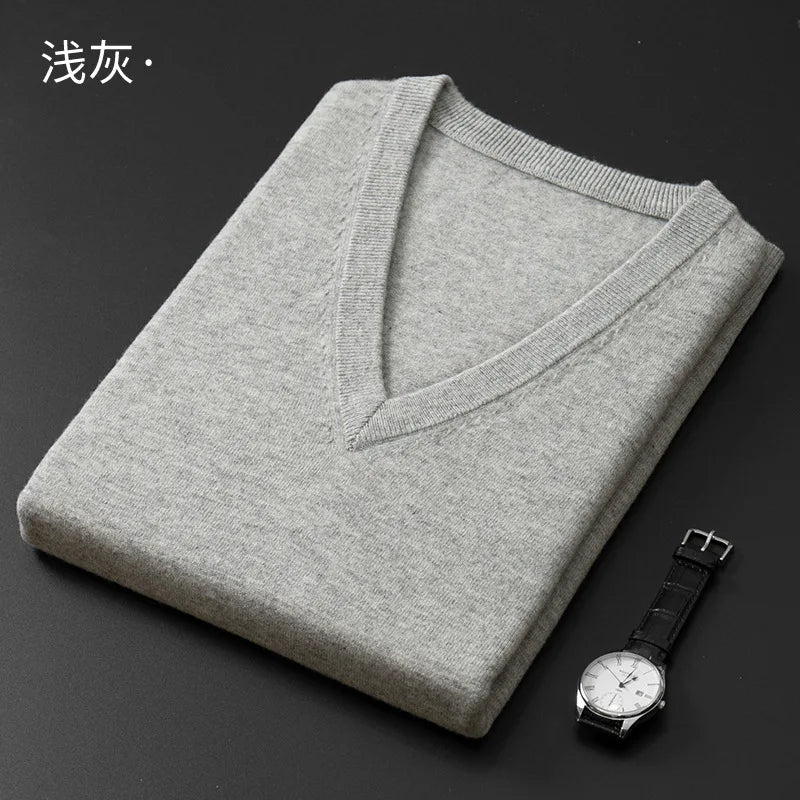 Knitted Cotton Blend Classic V-Neck Pullover