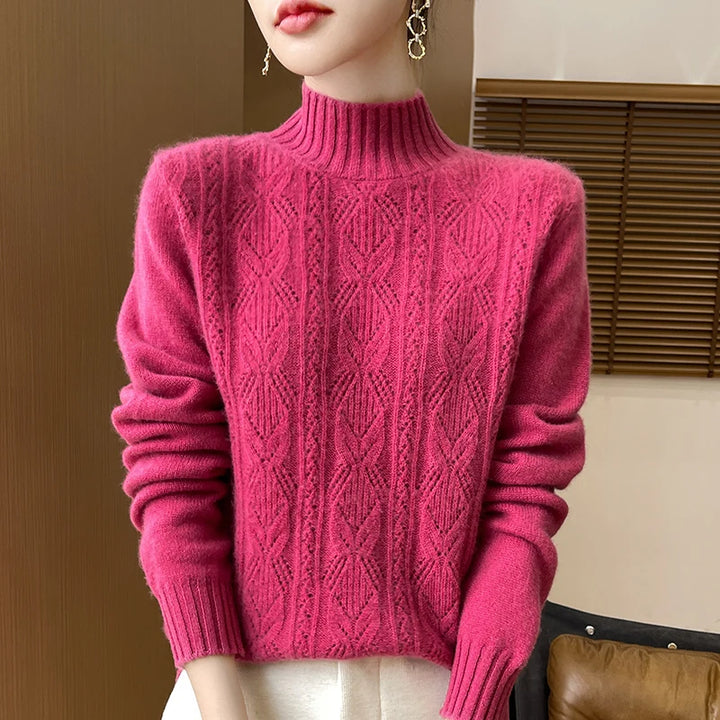 100% Merino Wool Solid Color Mock Neck Pullover Sweater