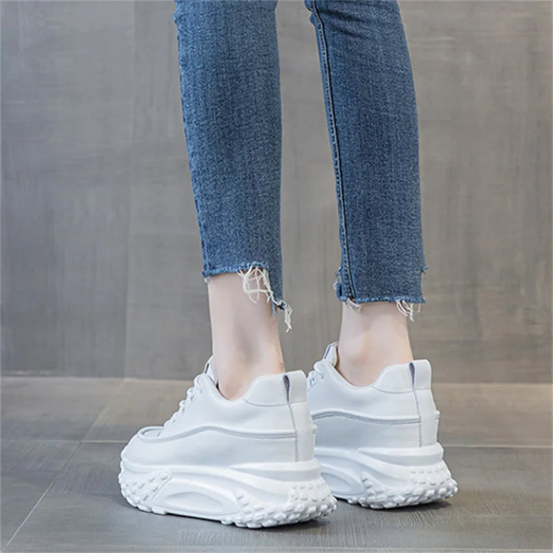 7cm Genuine Leather Chunky Platform Wedge Sneakers