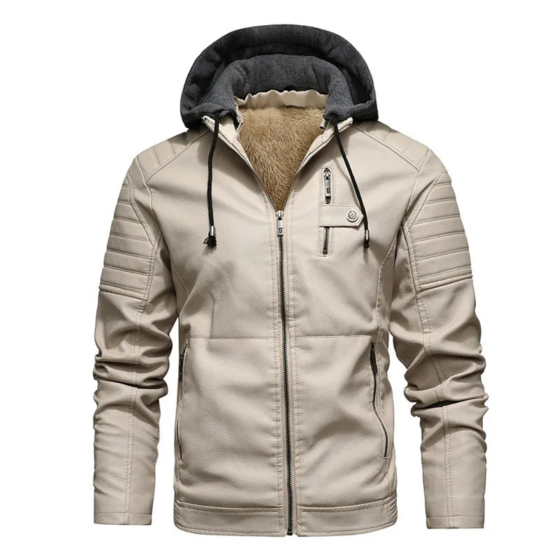 Fleece Lined Leather Hooded Motorcycle Jacket