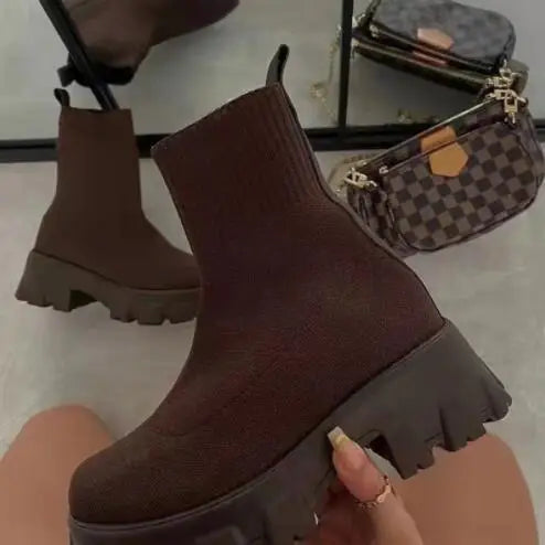 Luxury Ankle Boots with Casual Thick Sole and Knitted Socks