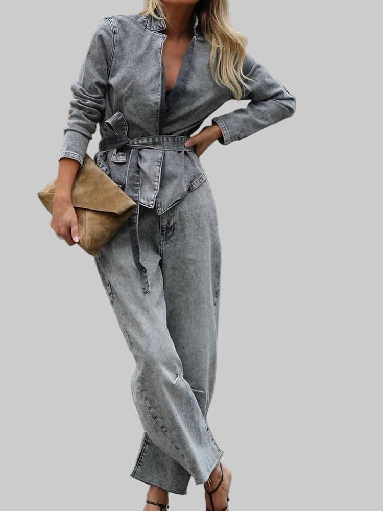 Chic Denim Long Sleeve Coat and Straight Pants Two-Piece Set