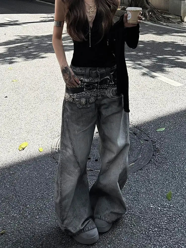 BeltPrint High-Waisted Wide Leg Jeans