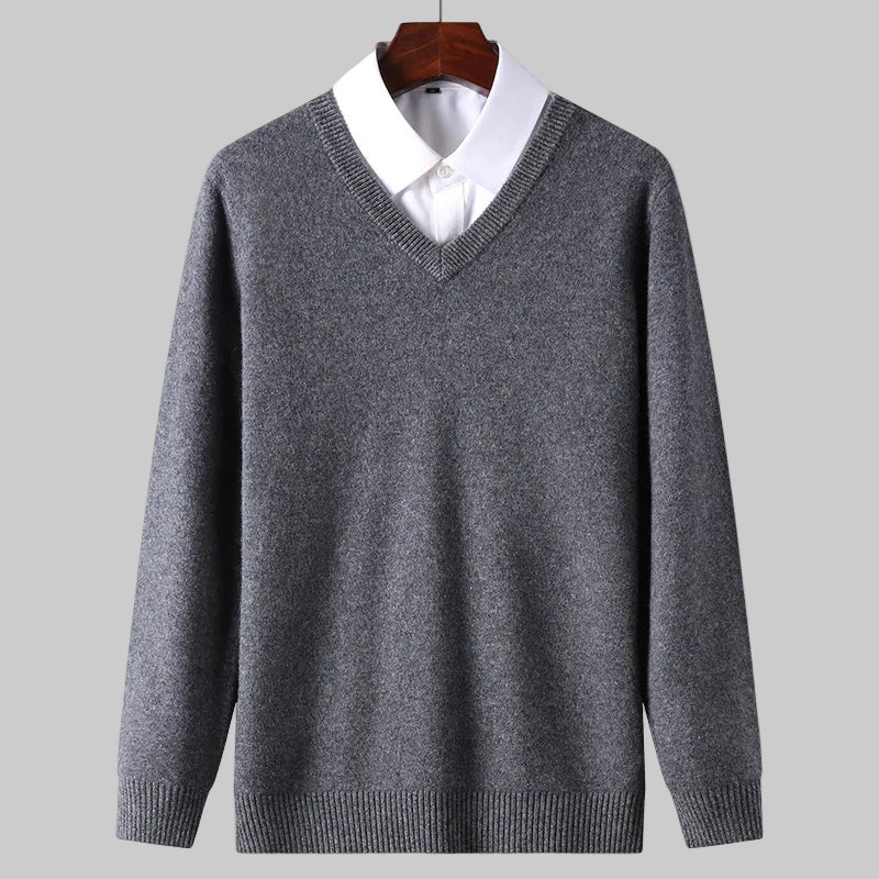 Knitted Cotton Blend Classic V-Neck Pullover