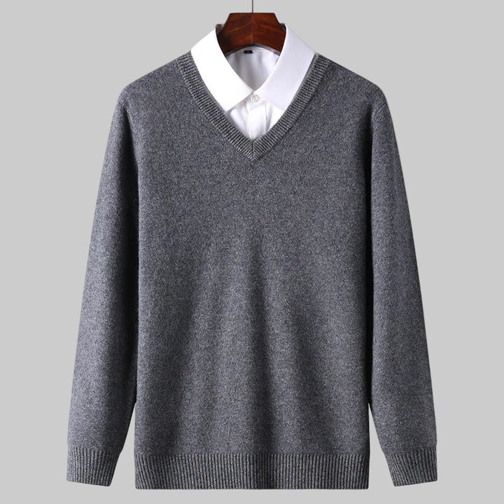 Knitted Cotton Blend Classic V-Neck Pullover