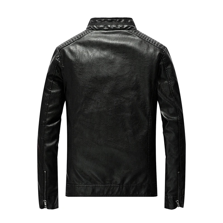 Slim Fit PU Leather Stand Collar Motorcycle Jacket