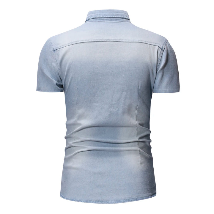 Slim Fit Solid Color Short Sleeve Denim Shirt