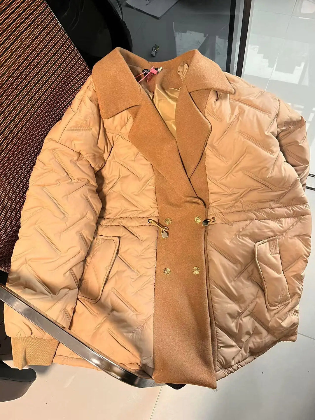 Long Oversized Lapel Elastic Waist Down Cotton Parka Jacket
