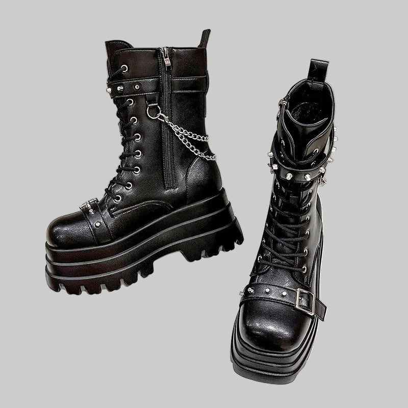 Thick Gothic Knee-High Platform Wedge Boots with Buckle