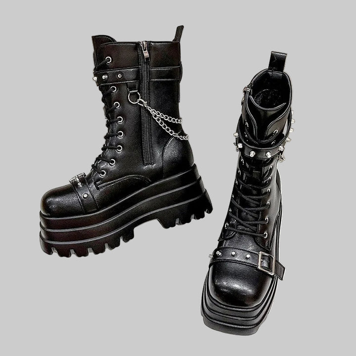 Thick Gothic Knee-High Platform Wedge Boots with Buckle