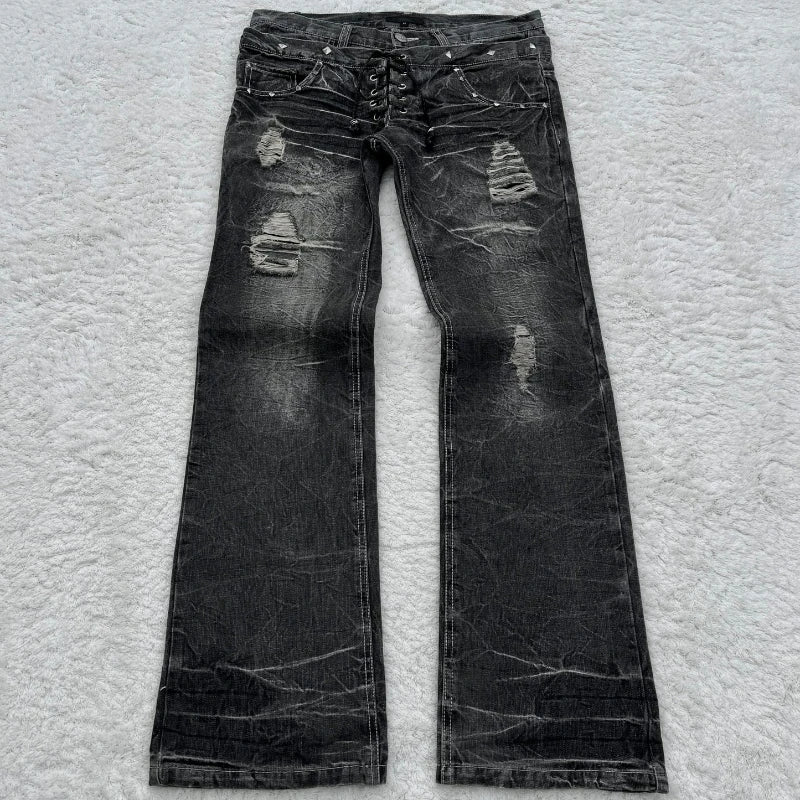 Washed Unisex Gothic Micro Flared Lace-Up Jeans