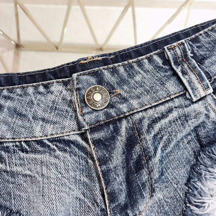 Sexy Thong Style Low-Waist Distressed Tassel Denim Shorts