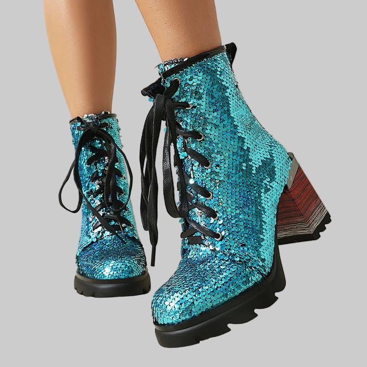 Chunky Lace-up Sequin Ankle Party Boots