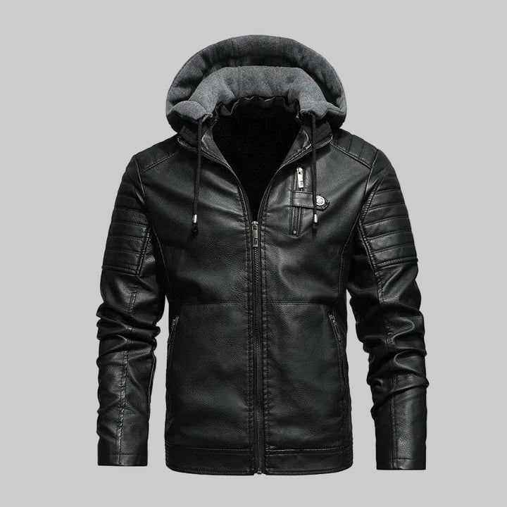 Fleece Lined Leather Hooded Motorcycle Jacket