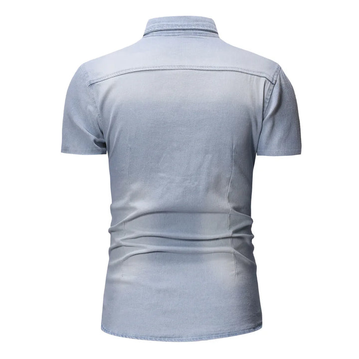 Slim Fit Solid Color Short Sleeve Denim Shirt