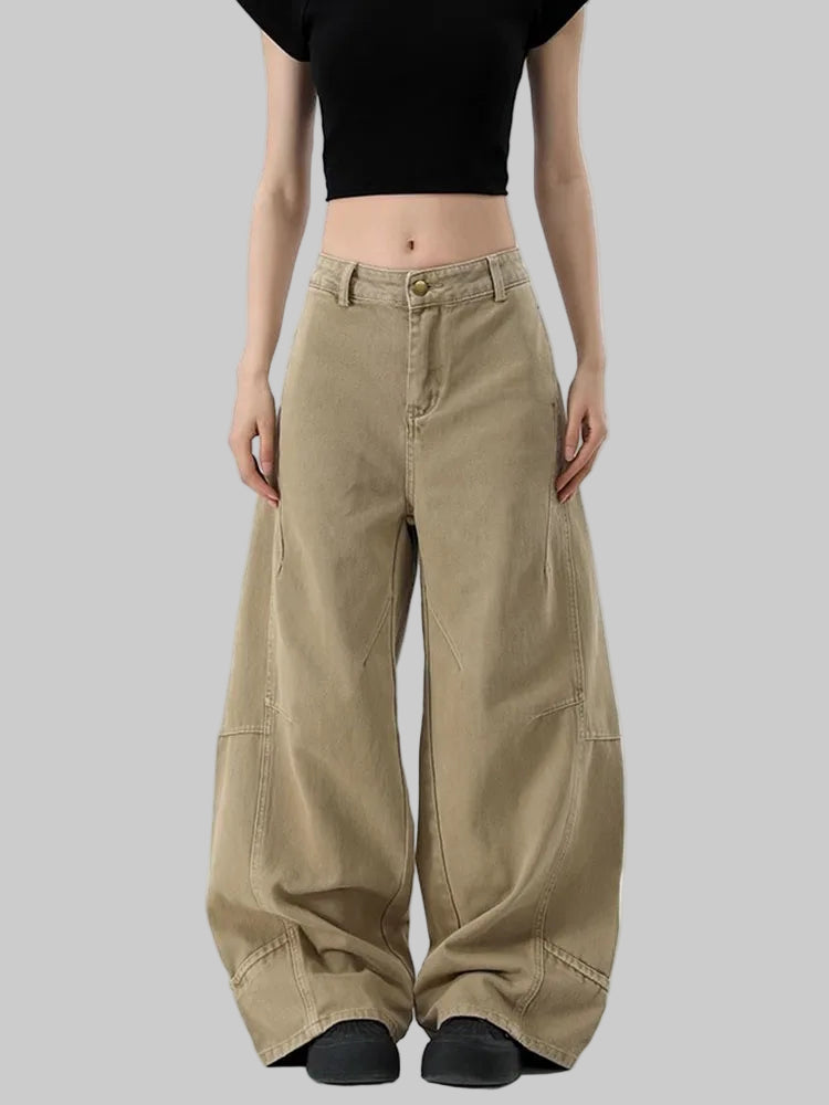 American Retro Wide-Leg Khaki Cargo Pants