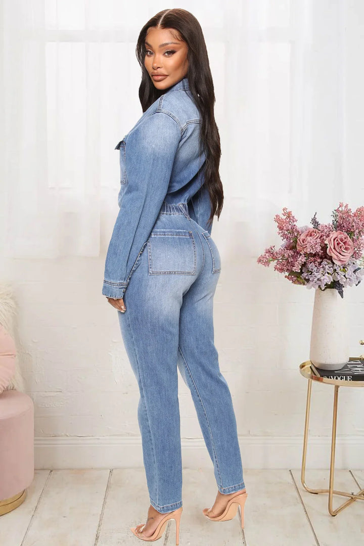 Oversized Collared Long Sleeve High Waist Slim Fit Denim Jumpsuit