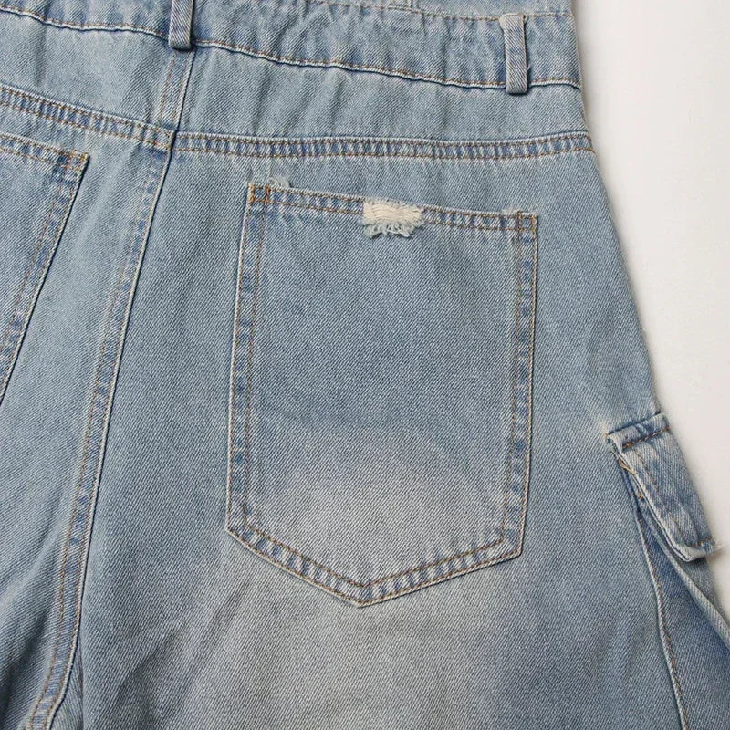 Ripped Multi Pocket Denim Jumpsuit