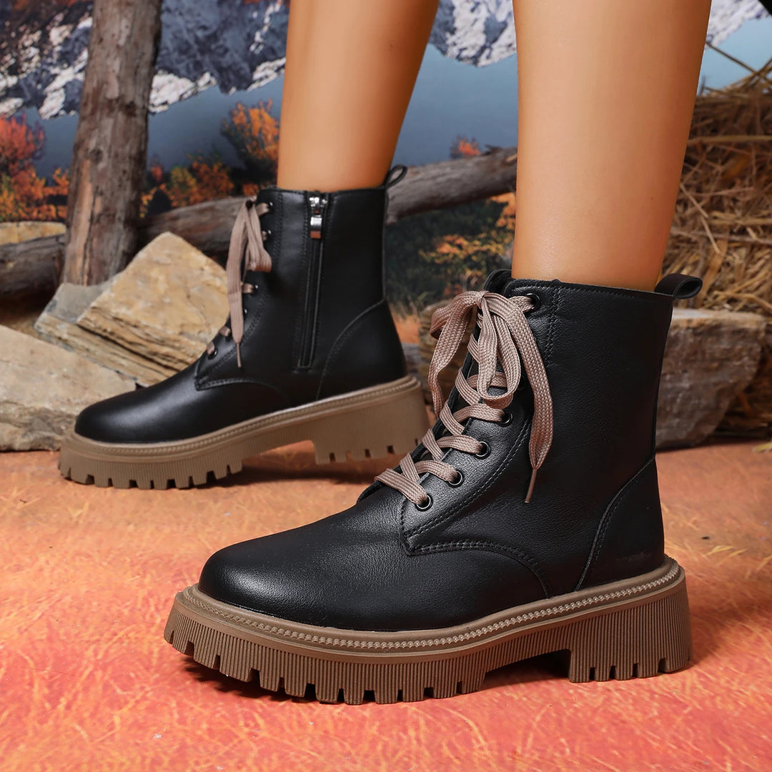 Solid Color Chunky Heel Side Zip Boots