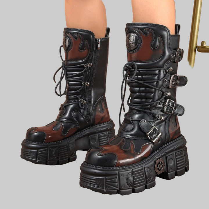 Punk Platform Belt Buckle Flame Boots