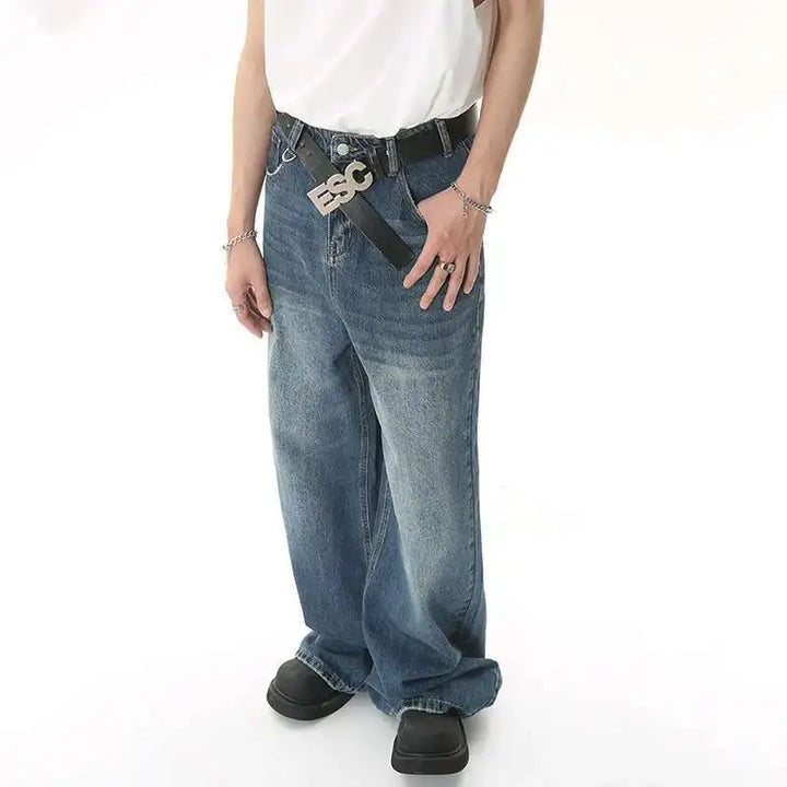 Gradient Washed Denim Pants with Metal Ring Design