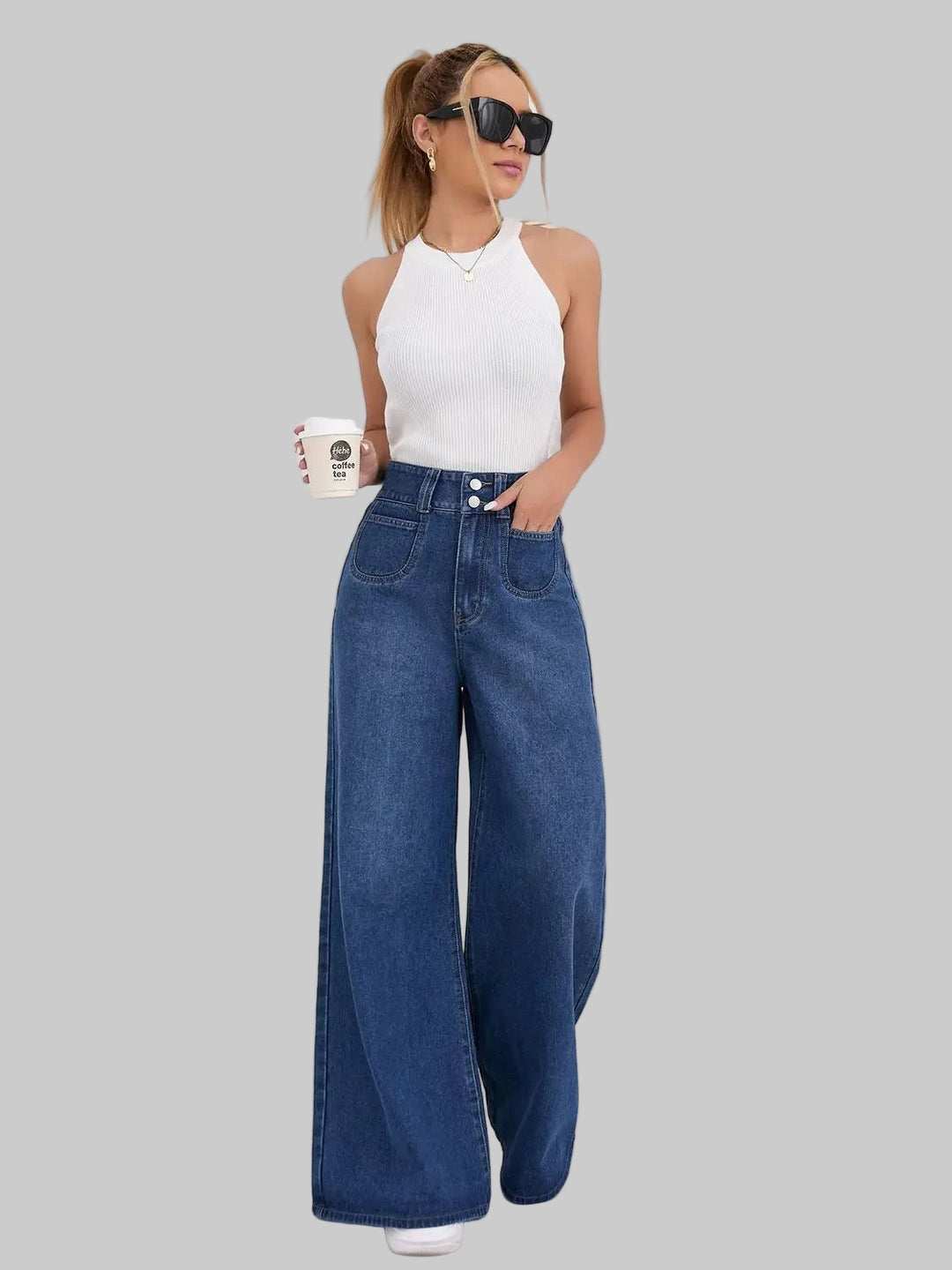 High Waisted Wide Leg Floor-Length Jeans