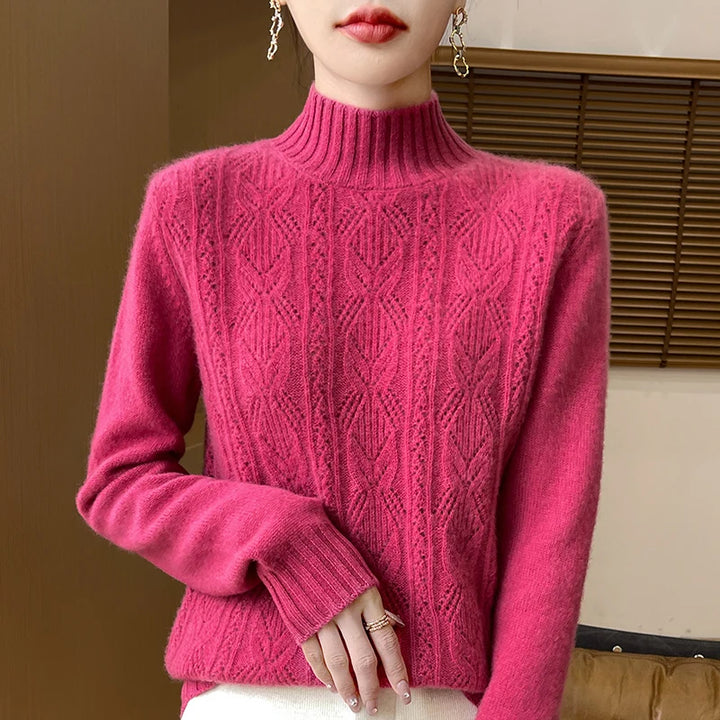 100% Merino Wool Solid Color Mock Neck Pullover Sweater