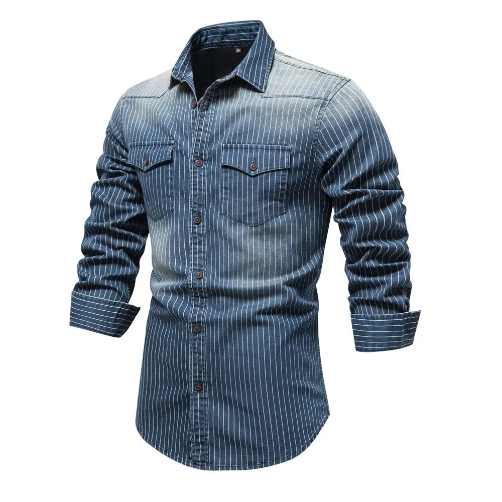 Striped Denim Cotton Long Sleeve Shirt