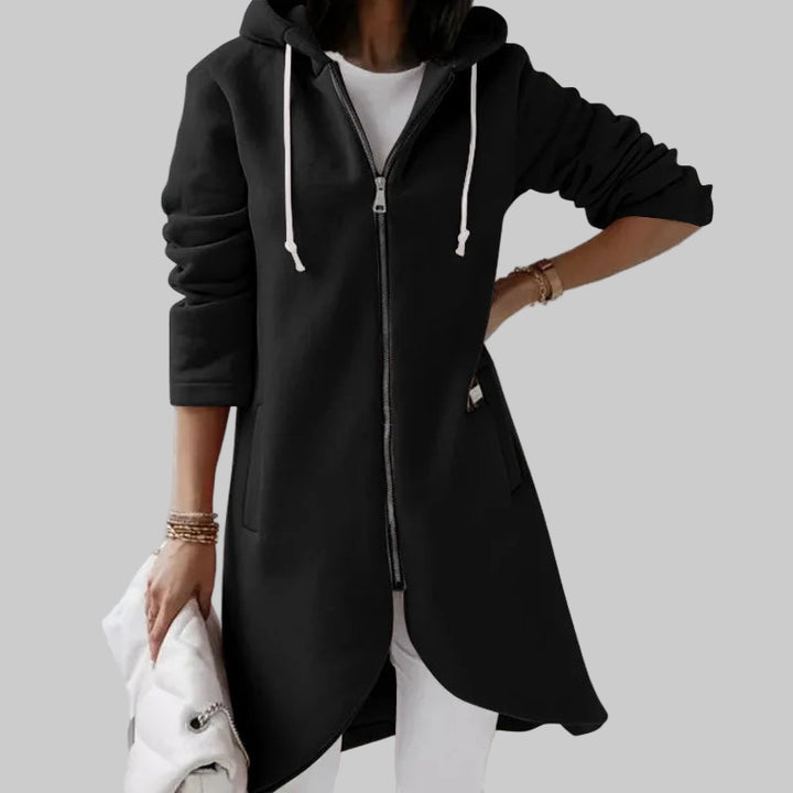 Long Hooded Zip-Up Solid Color Sweatshirt