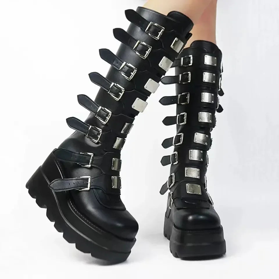 Edgy Gothic Knee-High Punk-Inspired Platform Boots