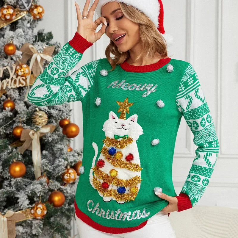 Y2k 3D Cartoon Cat Knitted Xmas Sweater