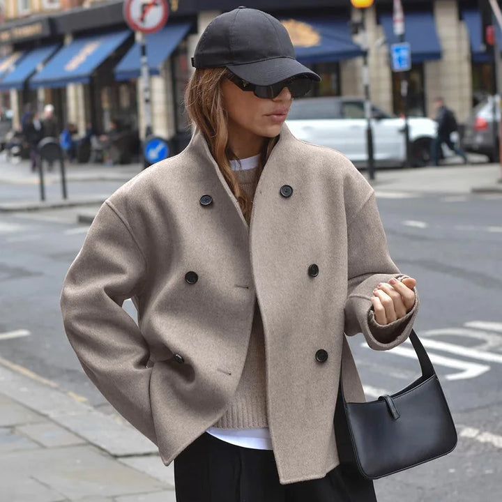 Women's Elegant Retro Brown Autumn Coat with Stand-Up Collar - Fashionable Solid Color Outerwear
