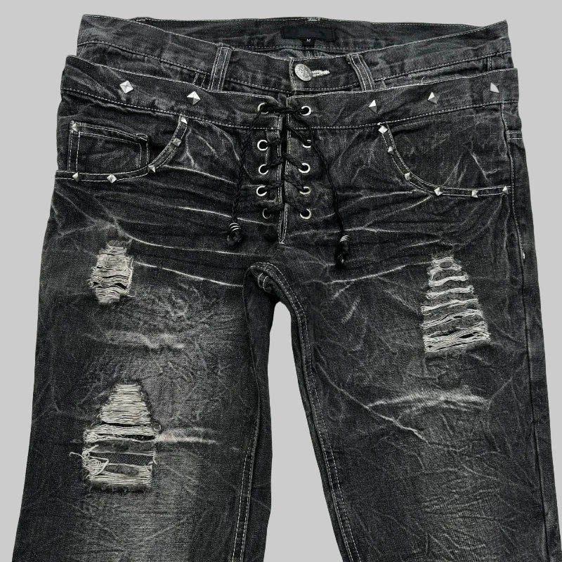 Washed Unisex Gothic Micro Flared Lace-Up Jeans