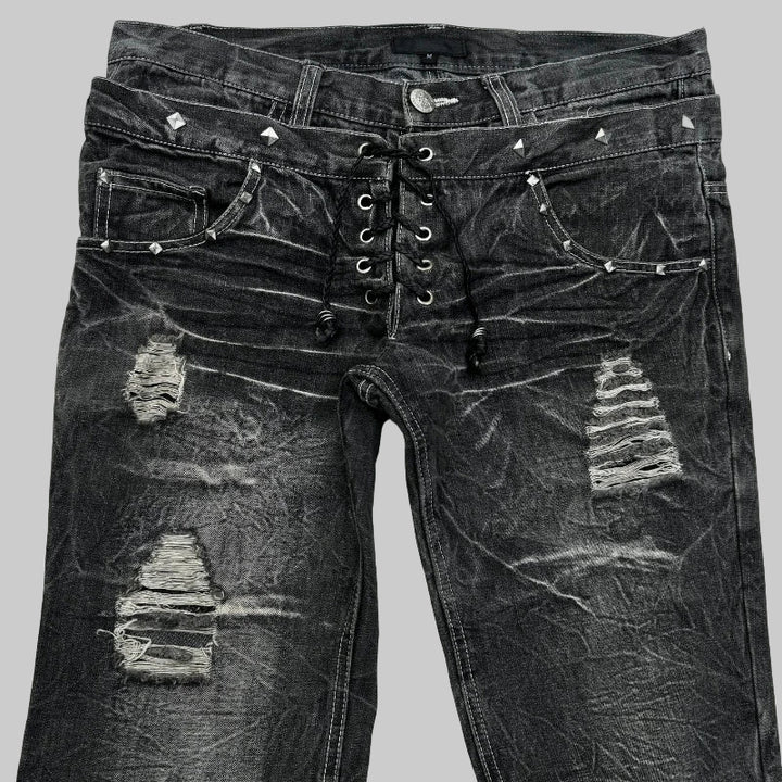 Washed Unisex Gothic Micro Flared Lace-Up Jeans