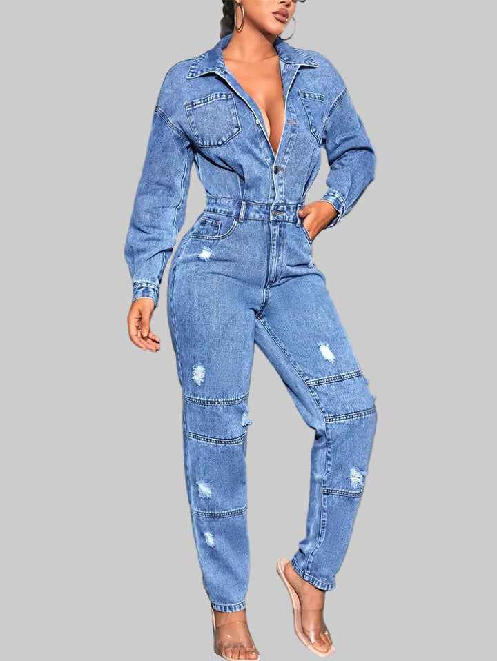 Half Button Casual Ripped Denim Jumpsuit