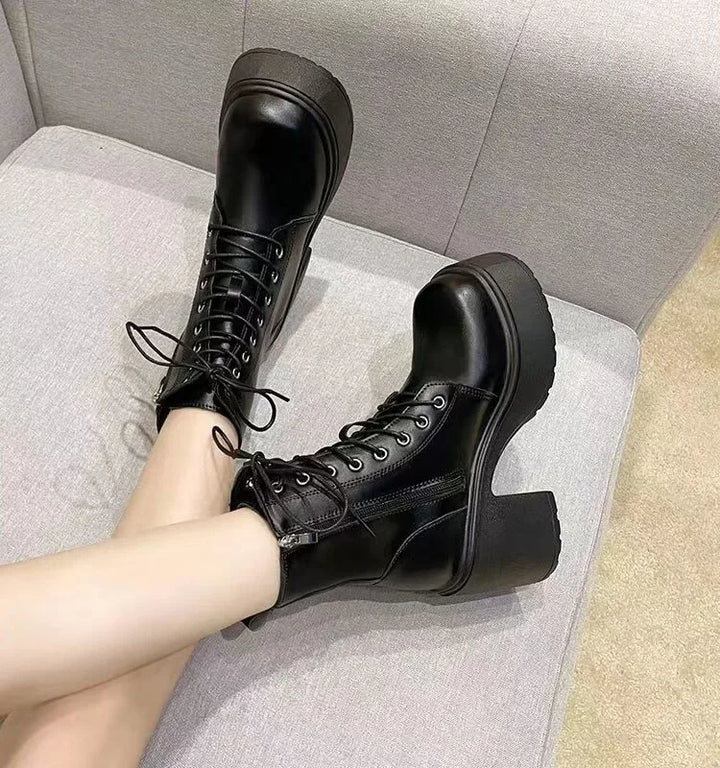 Soft Leather High Heel Waterproof Platform Boots