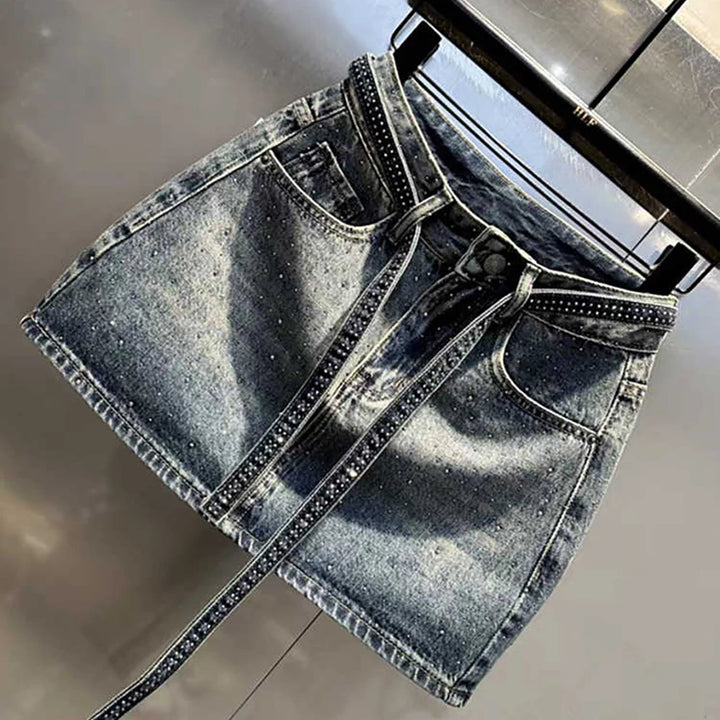 Oversized Retro Diamond Denim Mini Skirt