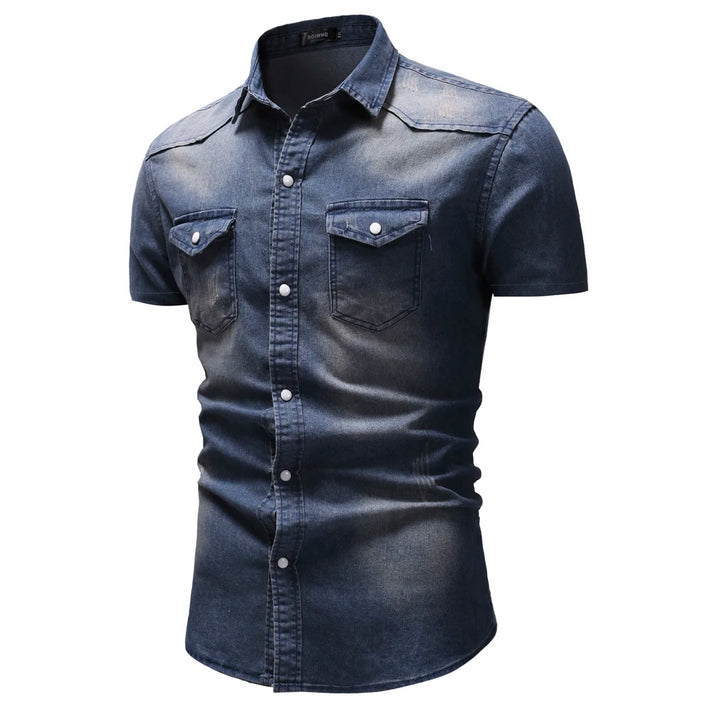 Slim Fit Solid Color Short Sleeve Denim Shirt