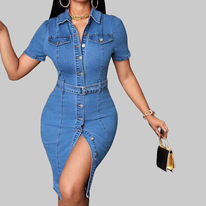 Short Sleeve V-neck Bodycon Midi Shirt Dress