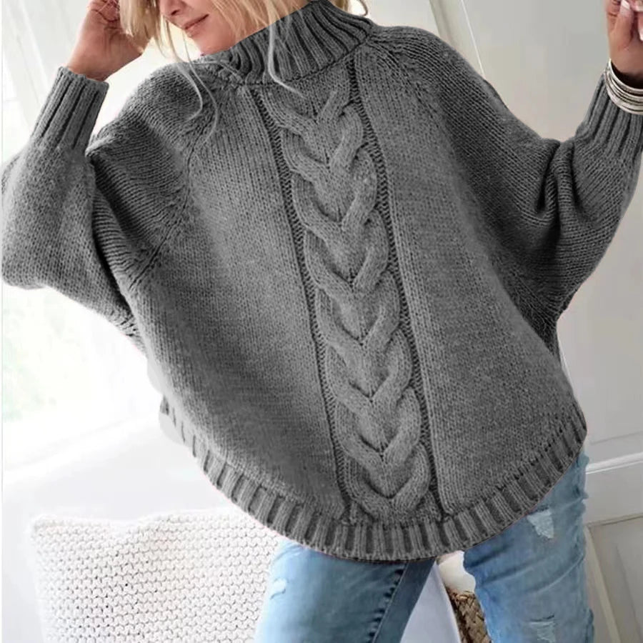 Retro Loose Fit High Neck Cable Sweater