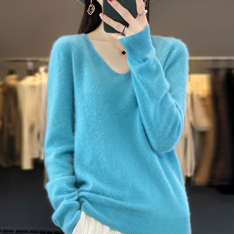 100% Pure Merino Wool Women's V-Neck Sweater