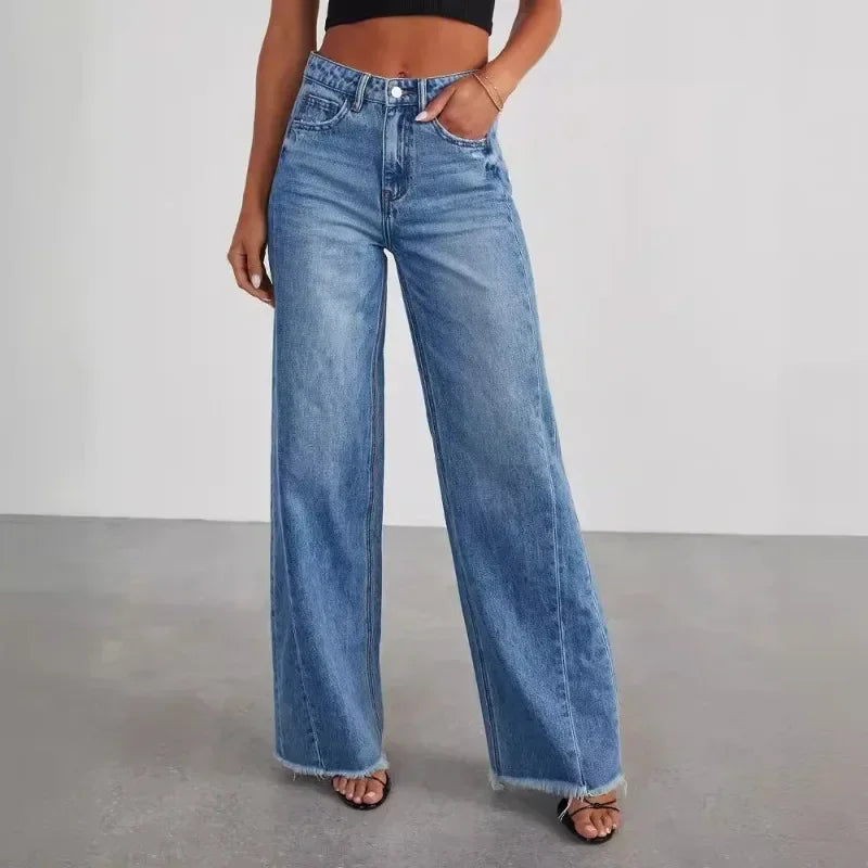 Solid Color Loose Wide Leg Side Seam Jeans