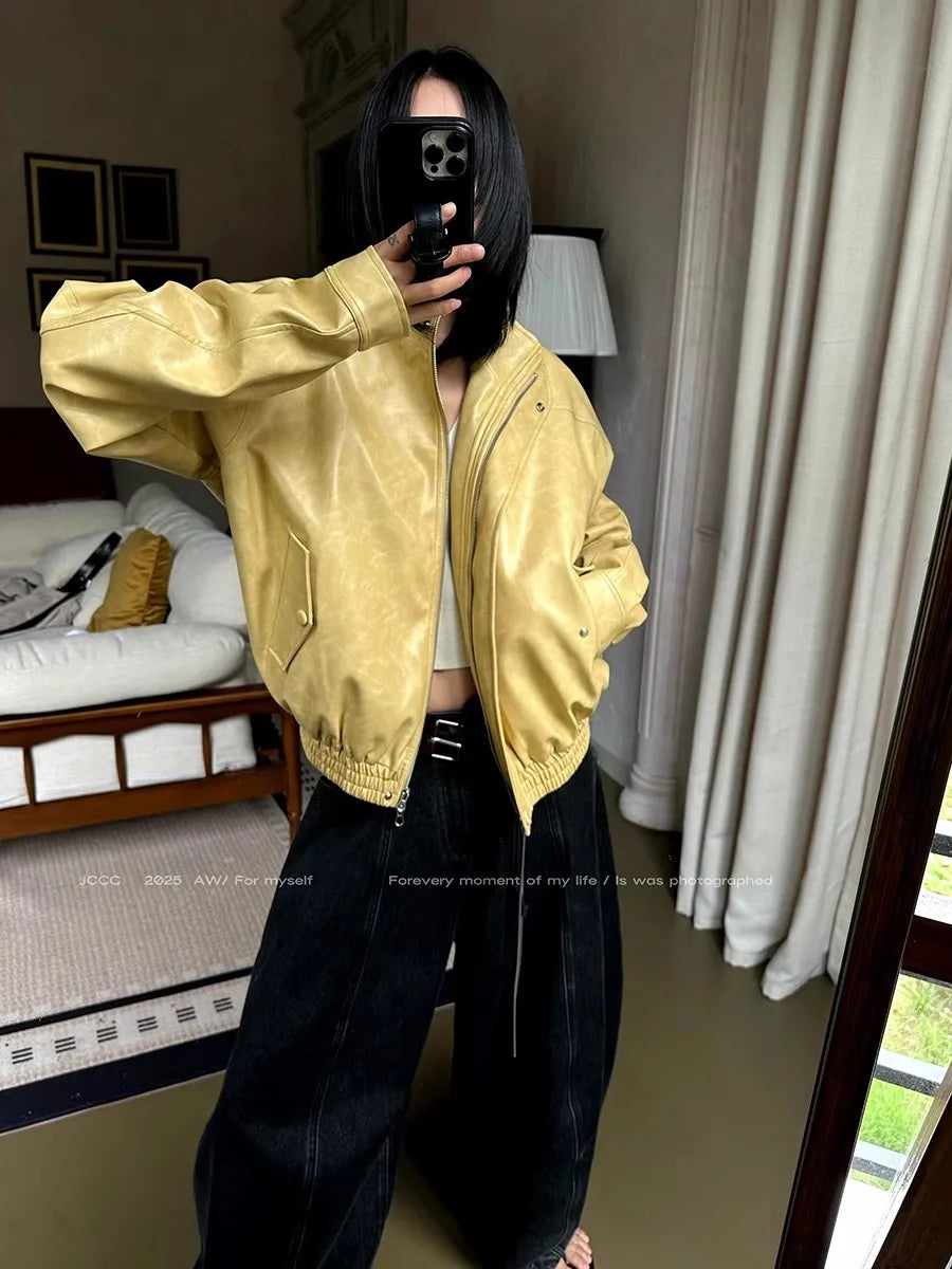 American Distressed Yellow PU Leather Jacket