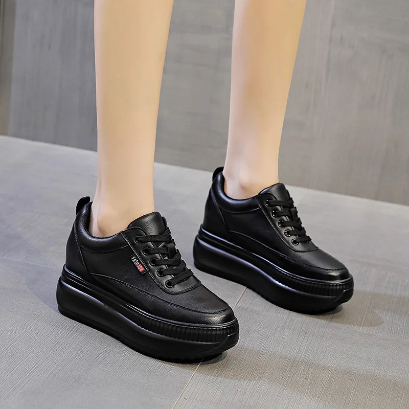 Genuine 8CM Leather Chunky Sneakers