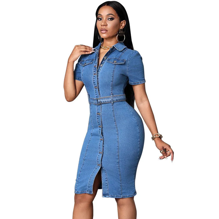 Short Sleeve V-neck Bodycon Midi Shirt Dress