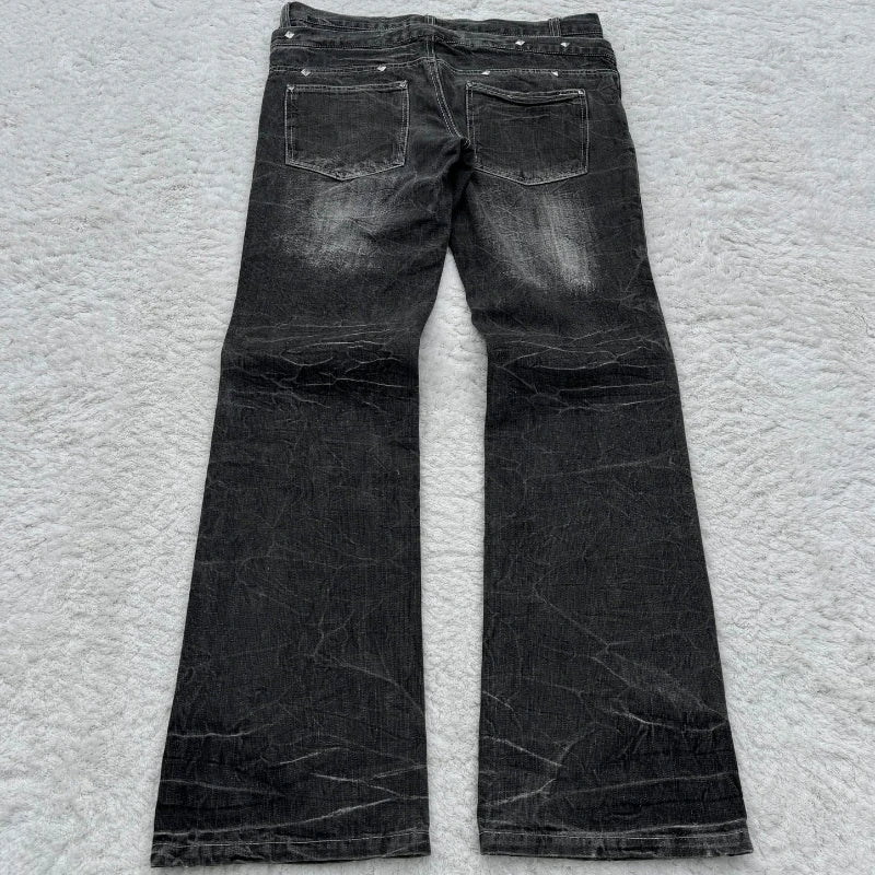 Washed Unisex Gothic Micro Flared Lace-Up Jeans