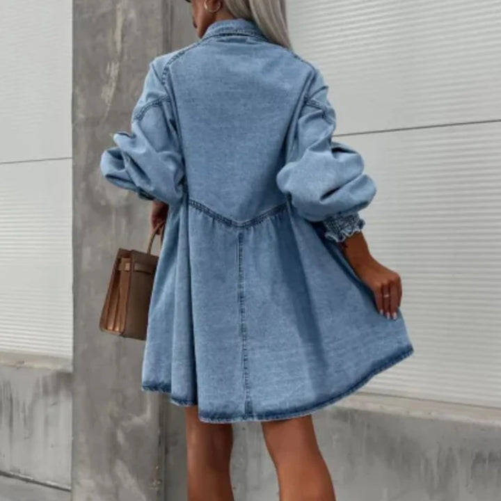 High Waist Denim Dress with Lapel