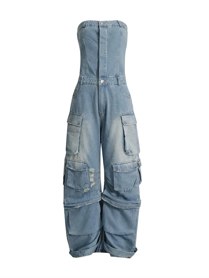 Ripped Multi Pocket Denim Jumpsuit